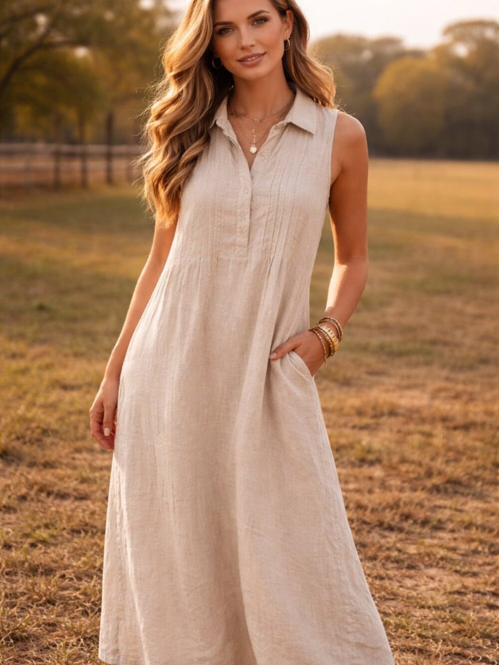 Malvin I Love Linen Tan Pin Tuck Sleeveless Maxi Dress Sz M